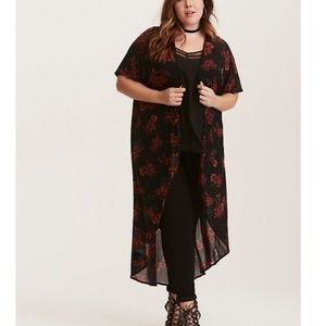 FLORAL PRINT MESH MAXI KIMONO